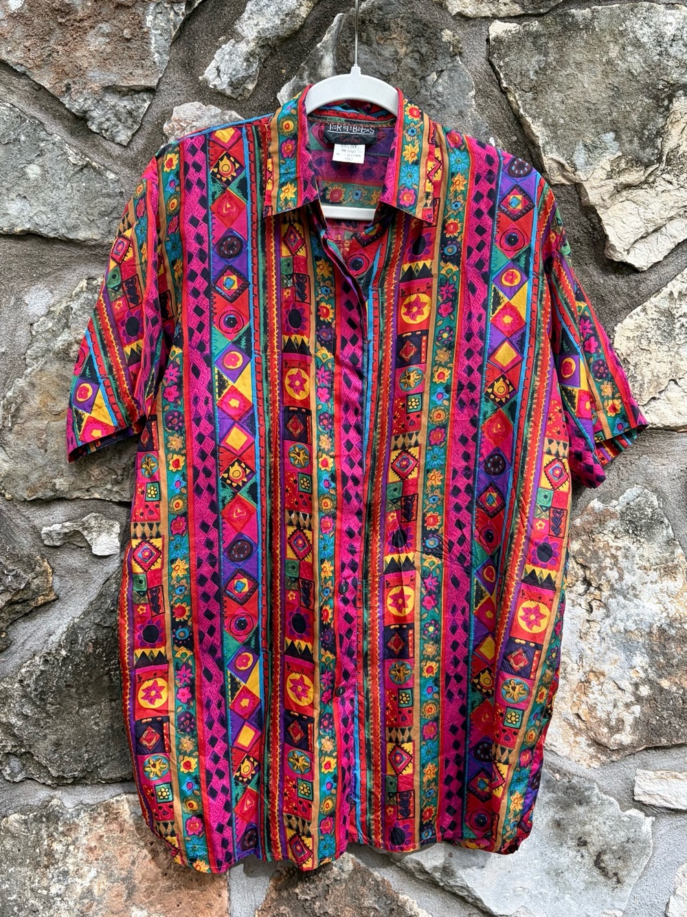 Vtg 90s TRIBES silk Eclectic button down short sleeve shirt blouse S / M